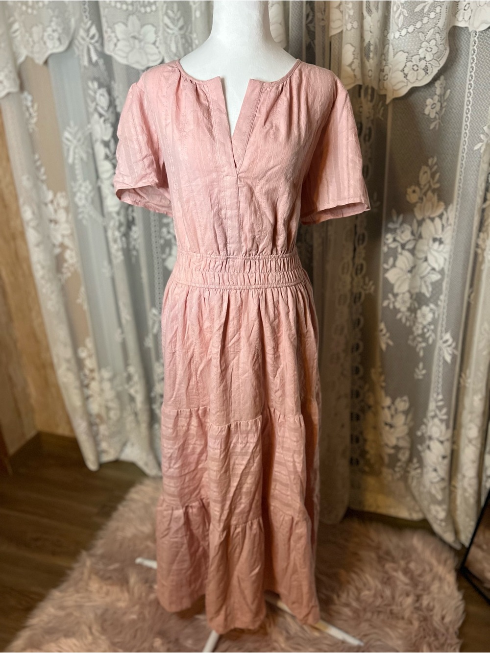 NWT Women's Blush Pink Tiered Maxi Dress with Smocked Waist XL